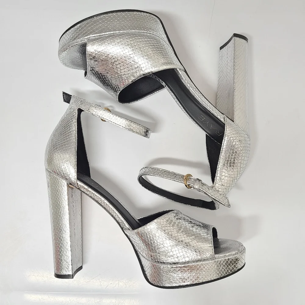 RAYE Dune Metallic Silver Snakeskin Embossed Leather Platform Heels Sz 10
